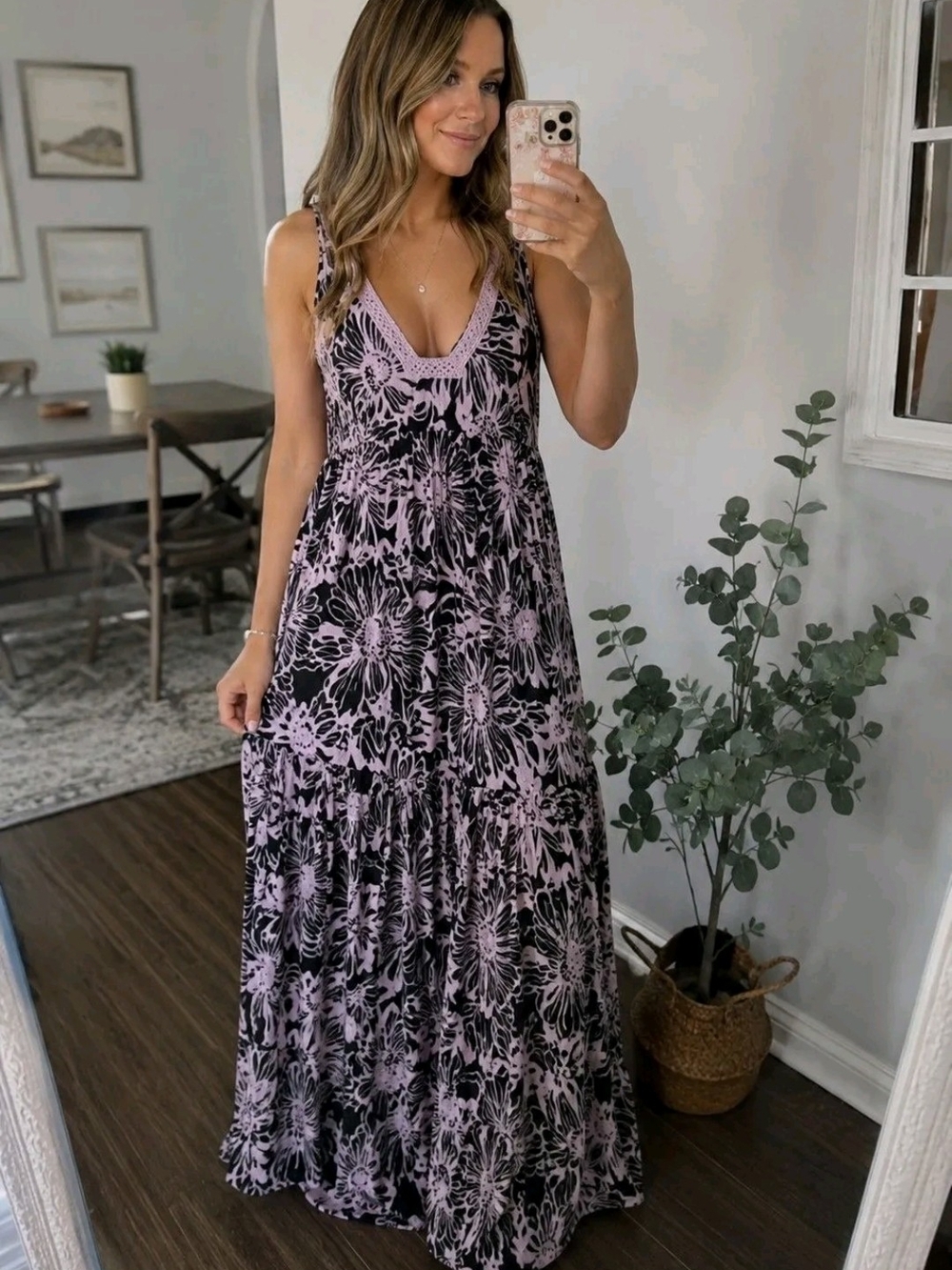 Intimitely by Free People- Pink Floral V-Neck Maxi Dress - Sleeveless